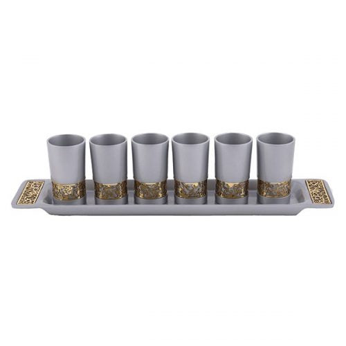 Emanuel Anodized Aluminum Set of 6 Liquor Cups and Tray with Metal Cutout Design (EM-GG)