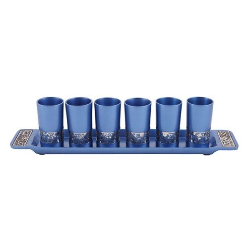 Emanuel Anodized Aluminum Set of 6 Liquor Cups and Tray with Metal Cutout Design (EM-GG)