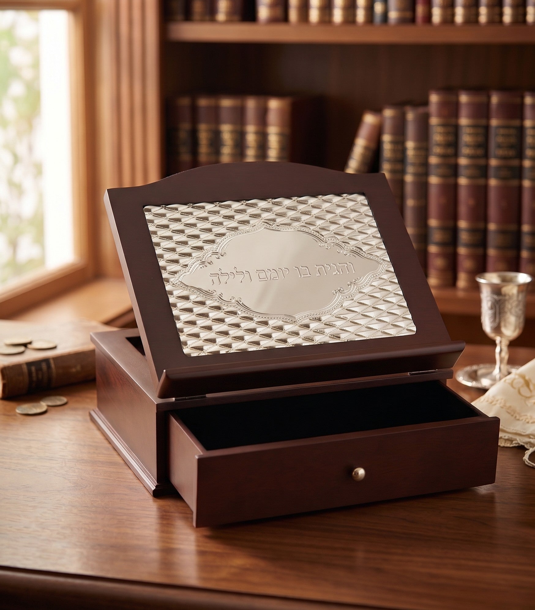 Wood Tabletop Shtender With Drawer -Silverplate Pillows Design (MC-20232)