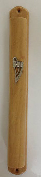 ART Round Olive Wood Mezuzah Case with Silver "Shin" 15cm (MZ-20502)
