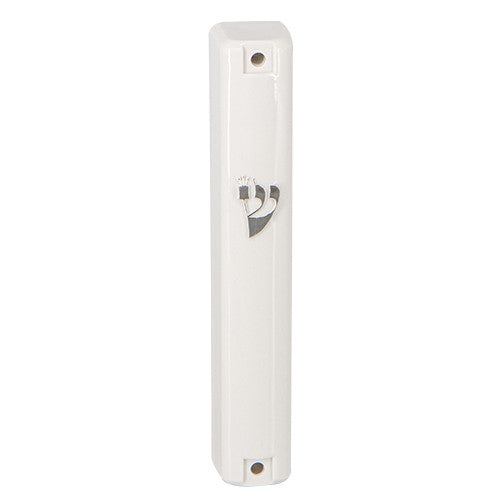 White Plastic Mezuzah Case Silver Shin 12cm (MZ-22205)