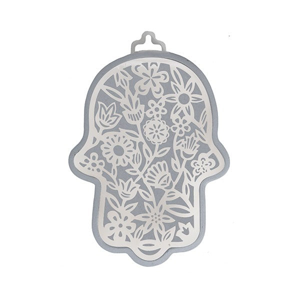 Small Anodized Aluminum Hamsa with Flower Cutout (EM-HLJ3)