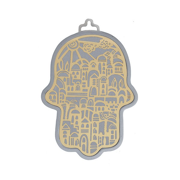 Small Anodized Aluminum Hamsa with Jerusalem Cutout (EM-HLJ4)