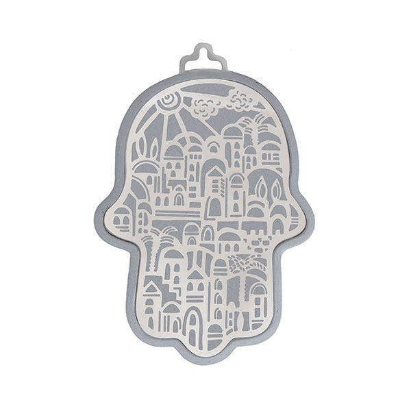 Small Anodized Aluminum Hamsa with Jerusalem Cutout (EM-HLJ4)