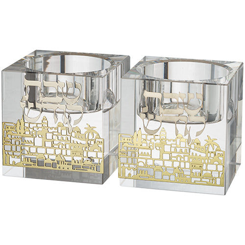 Crystal Tealight Holders w/ Gold Jerusalem Design-5cm (CS-42622)
