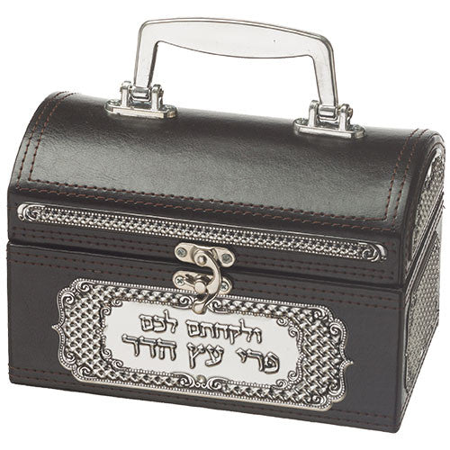 Leather Look Esrog Box with Handle and Plaque (ES-47511)