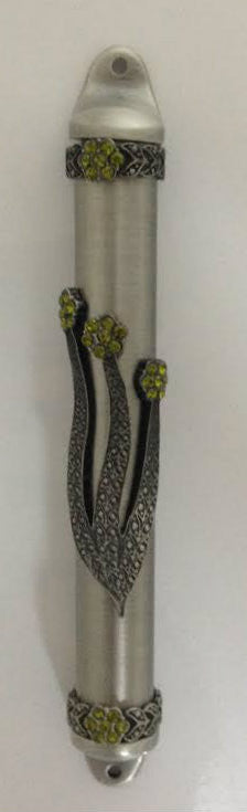 Pewter Mezuzah Case with Green Rhinestone (Karshi) 12cm (MZ-4842)