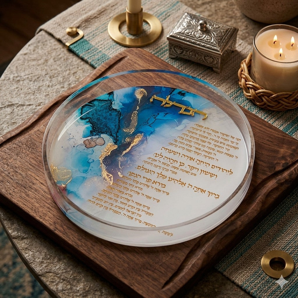 Acrylic Havdallah Tray Marble Blue/Gold design (HV-500115)
