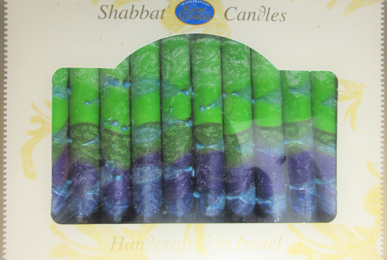 12 Tapered Israeli Shabbat Candles-Green/Purple (SC-SHSR-G)