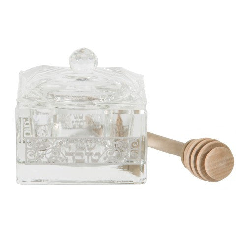 Crystal Honey Dish W/ Pom. Silver Plaque 7cm x 7cm (HD-56031)