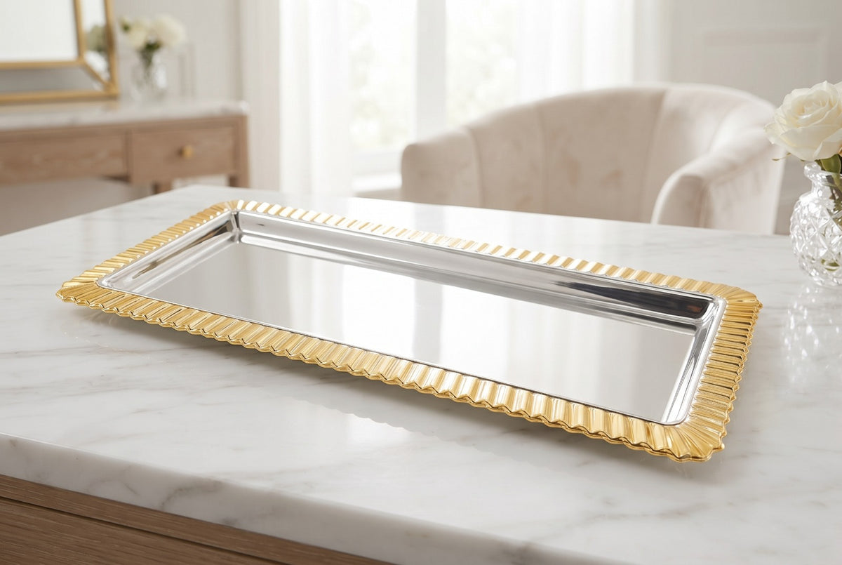 Silverplated Candlestick Tray-Gold Border Design 15"x7.5" (CP-60077)