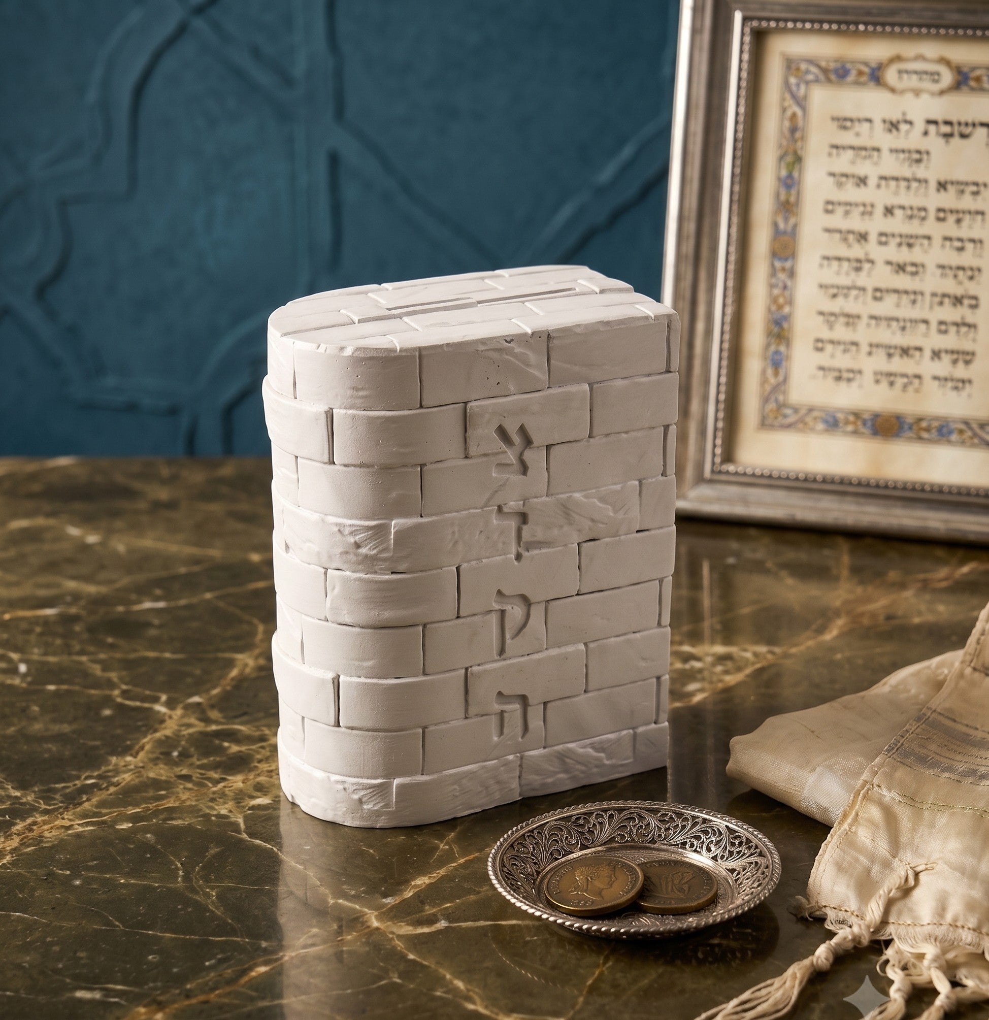 Polyresin Tzedaka Box-Kotel Design-White (TZ-6068)
