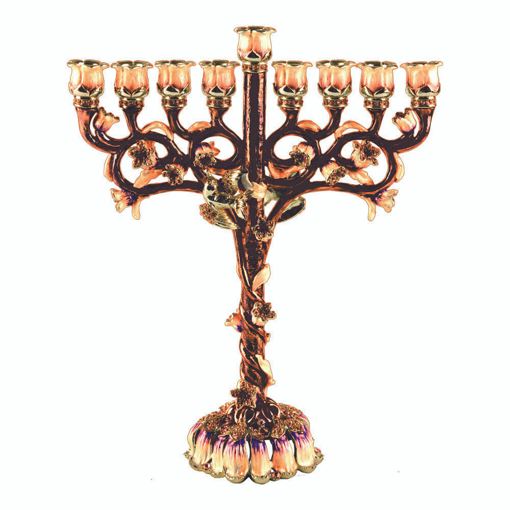 Jeweled Chanukah Menorah 8.8" -Brown w/ Emerald Stones (M-6088 )