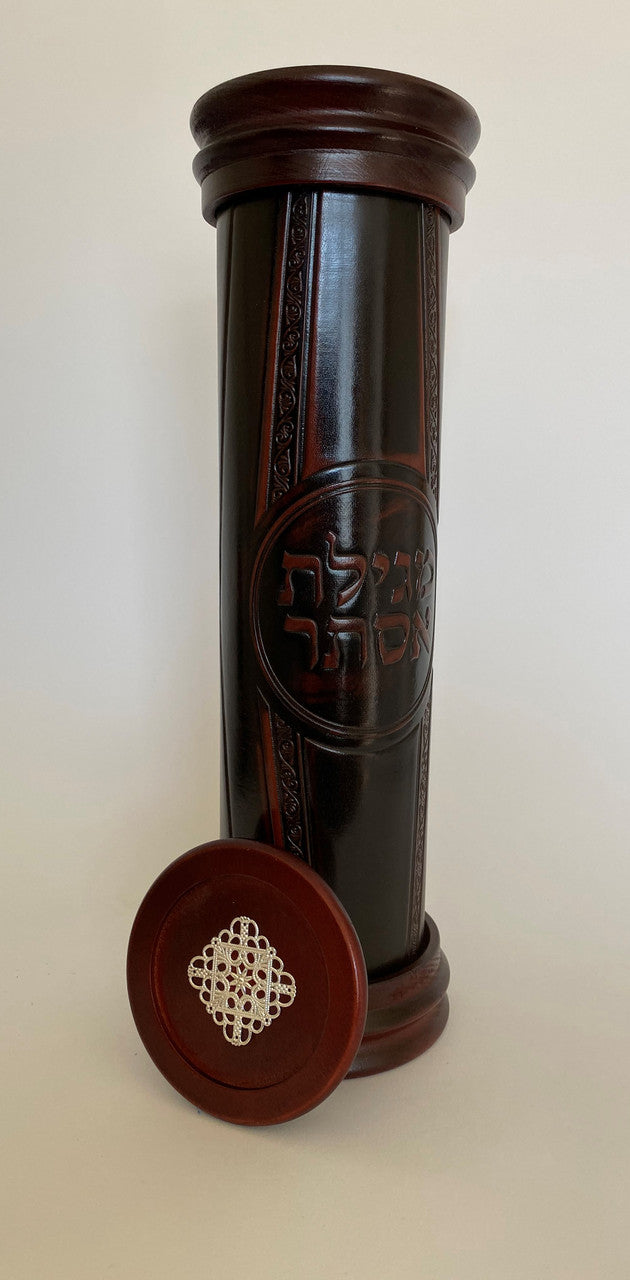 Antique Leather & Wood Megillah Holder 16"-Design (MG-ALR16B)