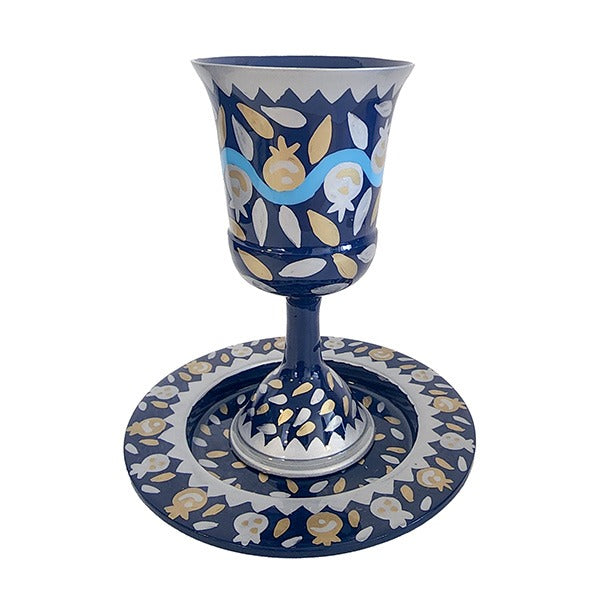 Hand Painted Kiddush Cup Pomegranate Design-Blue (EM-CAJ4)