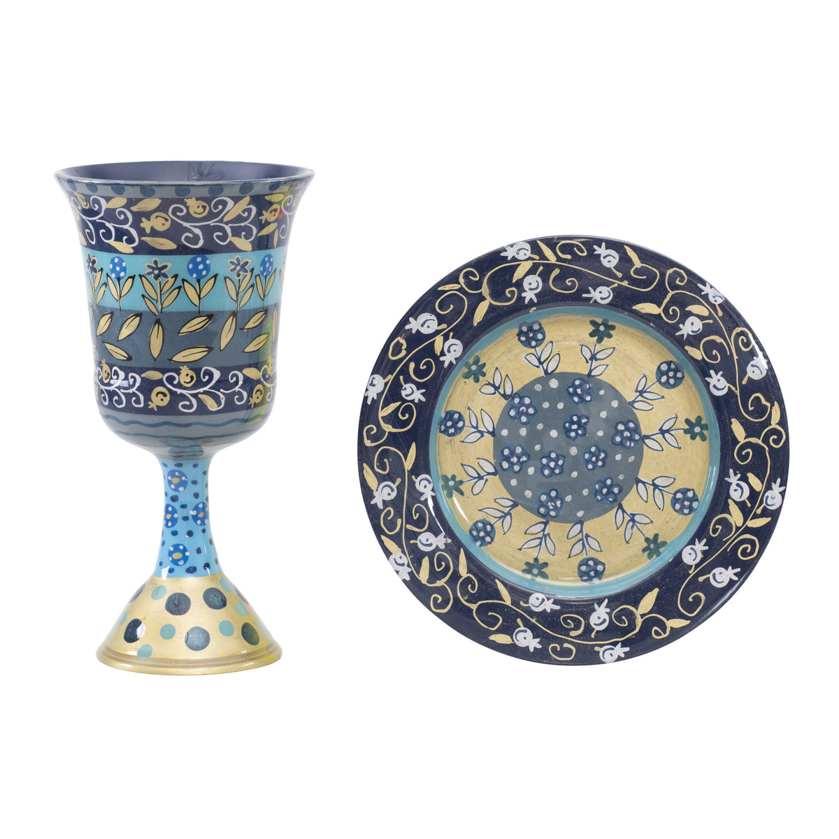 Hand Painted Kiddush Cup Blue Pomegranate & Flowers Design (EM-CAJ6)