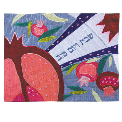 Blue Large Pomegranate Raw Silk Appliqued Challa Cover