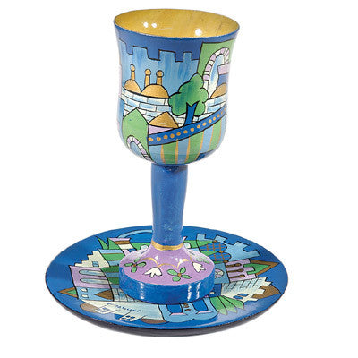 Jerusalem Blue Wooden Kiddush Cup and Plate Set (EM-CU10)