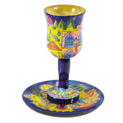 Blue Jerusalem Wooden Kiddush Cup and Plate Set (EM-CU9)