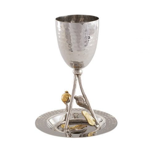 Hammered Kiddush Cup & Tray Branch Stem-Pomegranate (EM-CUW1)