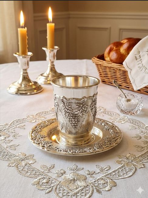 Silver Plate Kiddush Cup W/Plate (KC-AVI101S)