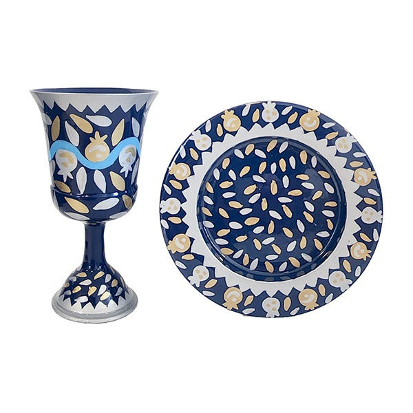 Hand Painted Kiddush Cup Pomegranate Design-Blue (EM-CAJ4)