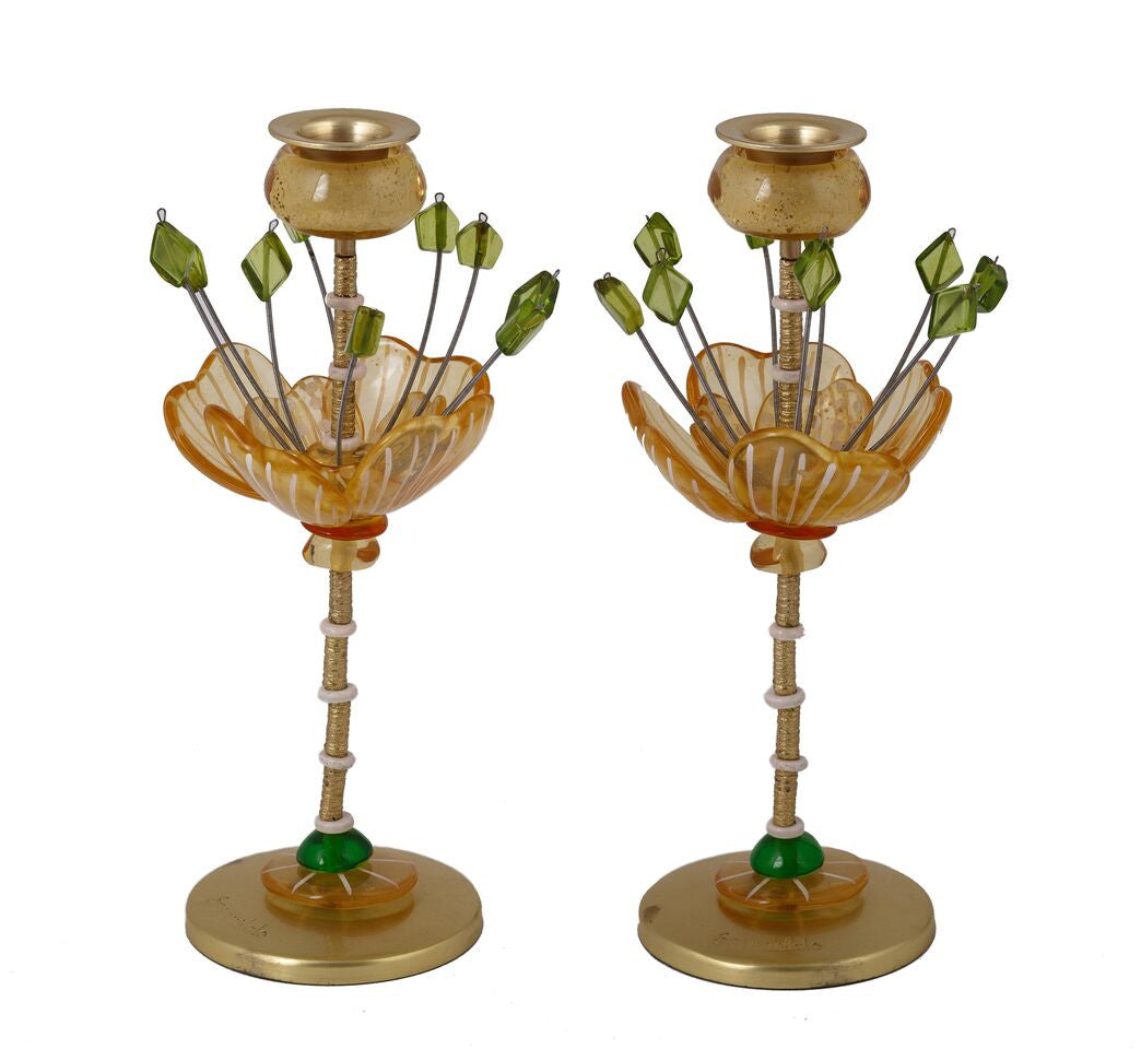 Emanuel Poly Candlesticks 10"--Yellow/Green Flower (EM-EML10A)