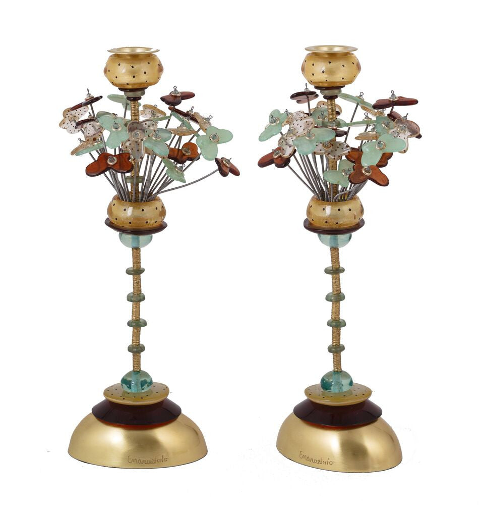 Emanuel Poly Candlesticks 14"-- Butterflies Brown/Green (EM-EML8A)