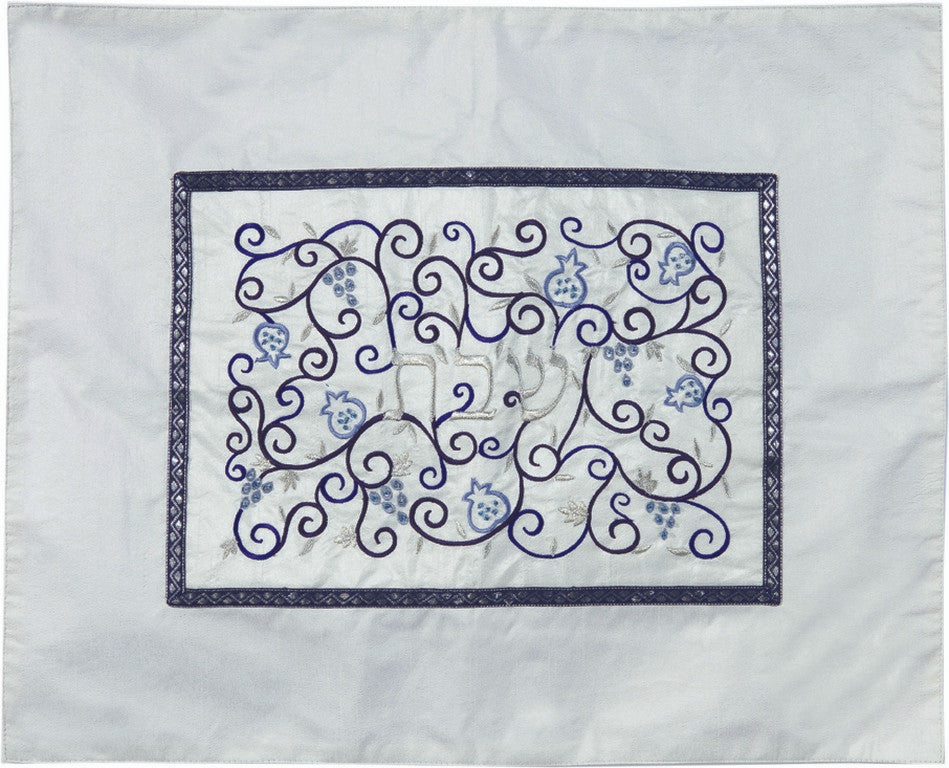 Embroidered Challah Cover Pomegranates White / Blue (EM-CMD2)