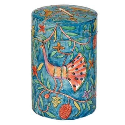 Yair Emanuel Round Tzedakah (Charity) Box -peacocks TZR-3
