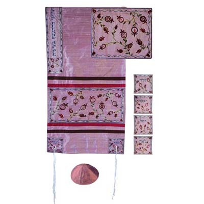 Yair emanuel Embroidered Raw Silk Tallit  - The Matriarchs embroidered pink TFA-10