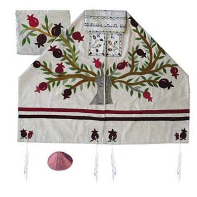 Yair emanuel Embroidered Raw Silk Tallit  - Tree of life - Pomegranates white TFA-11