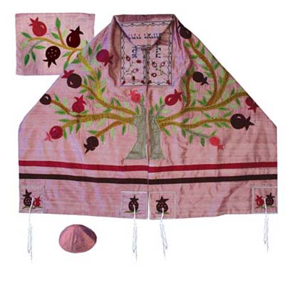 Yair emanuel Embroidered Raw Silk Tallit  - Tree of life - Pomegranates pink TFA-12