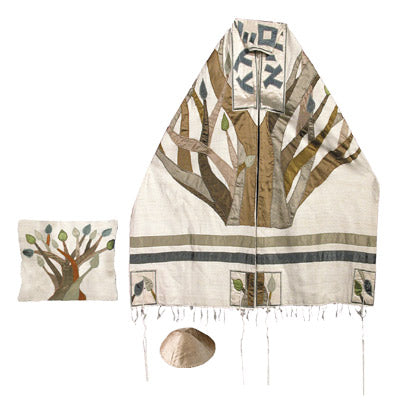 Yair emanuel Embroidered Raw Silk Tallit - Tree of life TFA-2