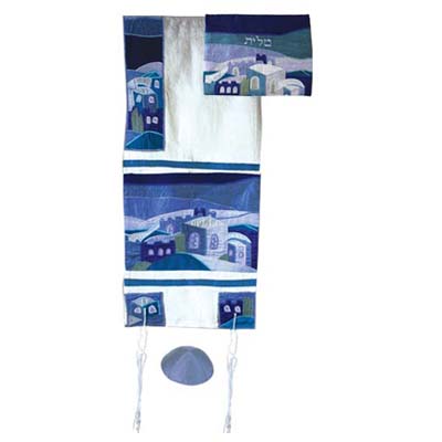 Yair emanuel Embroidered Raw Silk Tallit - Jerusalem blue TFA-3B
