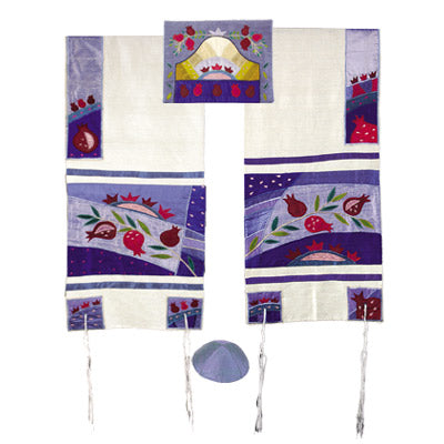 Yair emanuel Embroidered Raw Silk Tallit - Pomegranates in blue TFA-5