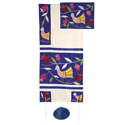 Yair emanuel Embroidered Raw Silk Tallit - Birds blue TFA-8
