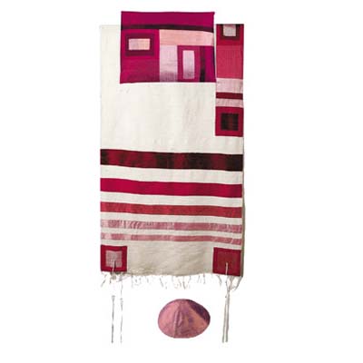 Yair emanuel Raw Silk Tallit with stripes - Maroon on white TRS-2