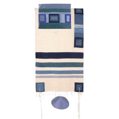 Yair emanuel Raw Silk Tallit with stripes - Blue TRS-7
