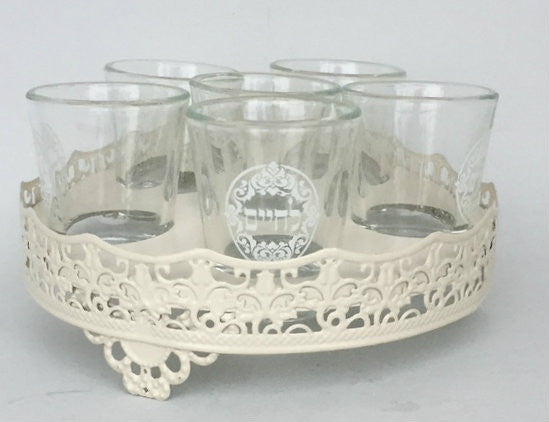 6 Glass Liquor Cups L'Chaim on Round Stand (SHB-LC)