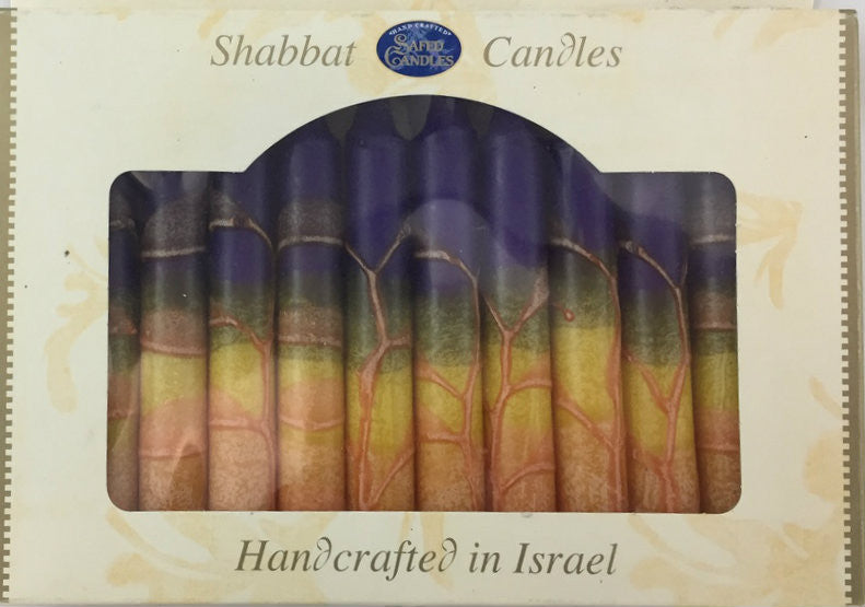 12 Tapered Israeli Shabbat Candles- Multicolor, Purple over Orange (SC-SHHR-P)