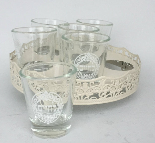 6 Glass Liquor Cups L'Chaim on Round Stand (SHB-LC)