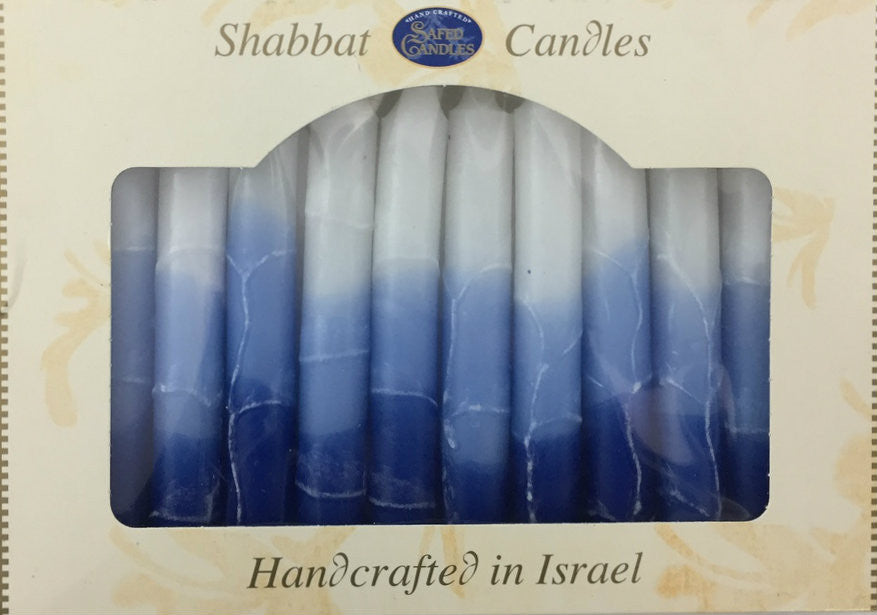 12 Tapered Israeli Shabbat Candles-- White & Blue (SC-SH12-T)