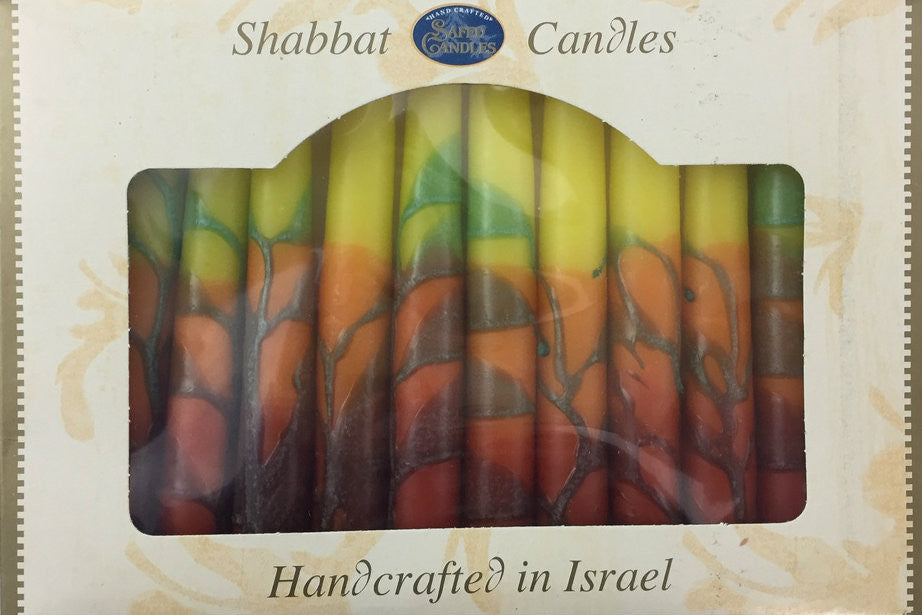 12 Tapered Israeli Shabbat Candles- Multicolor, Yellow over Orange (SC-SH12-Y)