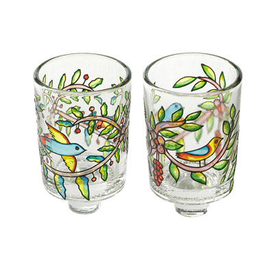 Flying Birds and Branches Painted Glass Candle Holder Pair