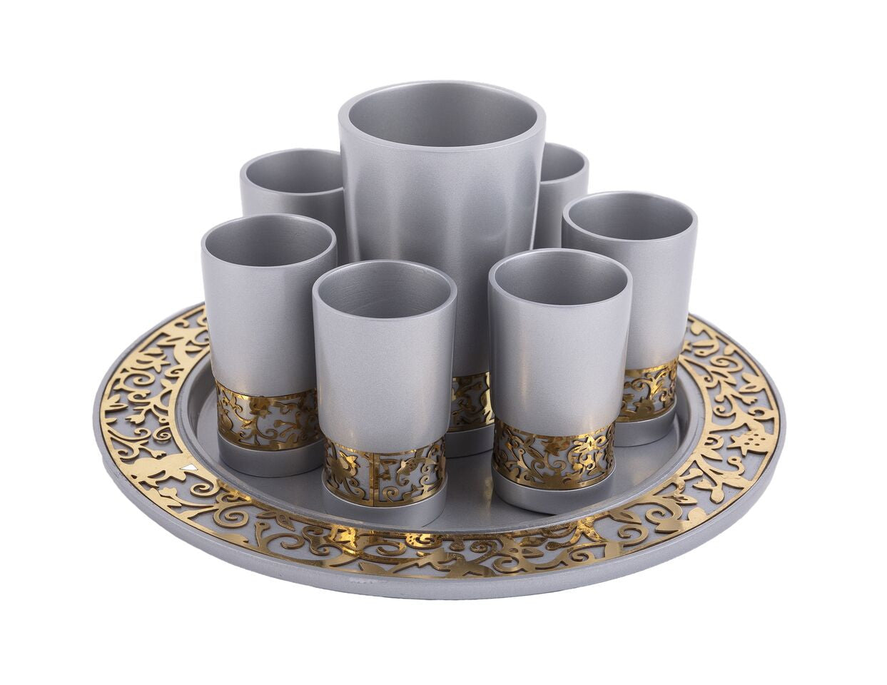 Emanuel Anodized Kiddush Set w/ Metal Cutout-- Silver (EM-GSD1)