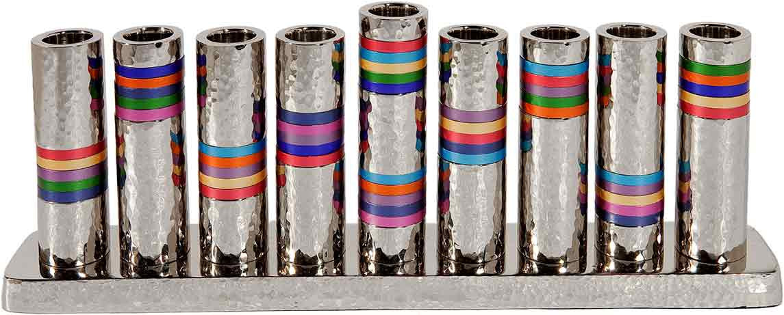 Emanuel Hammered Chanukah Menorah- Multicolor Rings (EM-HMV1)
