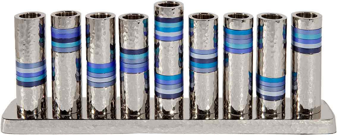 Emanuel Hammered Chanukah Menorah- Blue Rings (EM-HMV2)