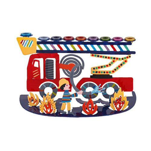 Emanuel Hand Painted Laser Cut Menorah-- Fire Truck (EM-HNB1)