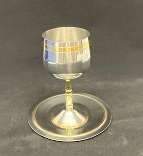 Stainless Steel Kiddush Cup W/Plate - Gold Stripe (KC-AVI109G)